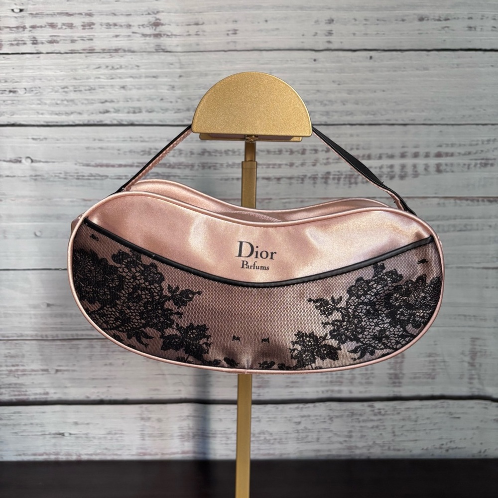 Dior Pink Satin Cosmetic Bag with Black Lace Trim